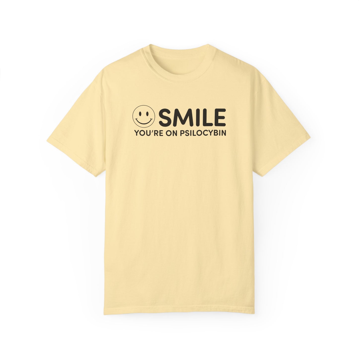 Garment-Dyed Yellow T-Shirt - Smile You're on Psilocybin