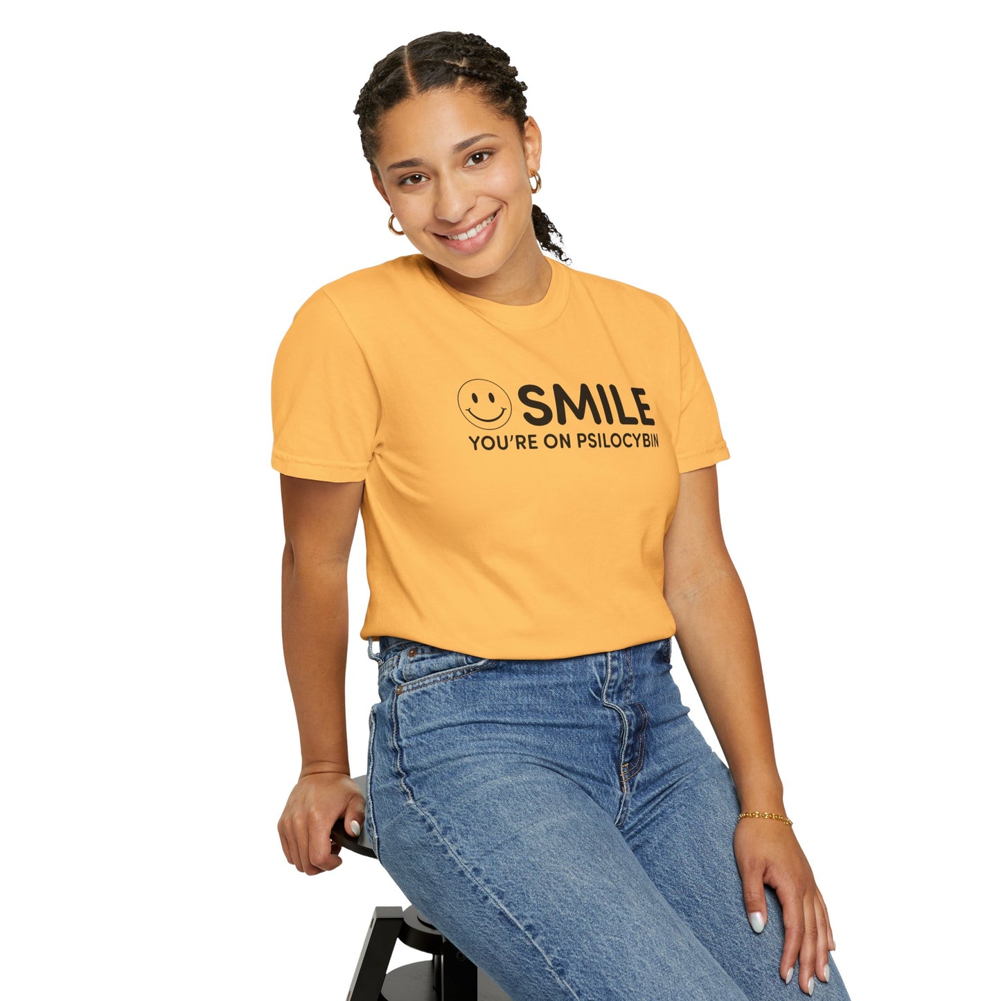 Garment-Dyed Yellow T-Shirt - Smile You're on Psilocybin